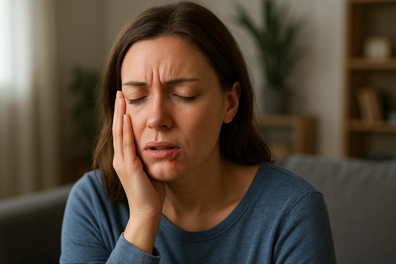 A woman showing signs of a mouth ulcer, a common symptom of Behçet's disease, with a thoughtful expression, symbolizing the challenges of living with the condition.