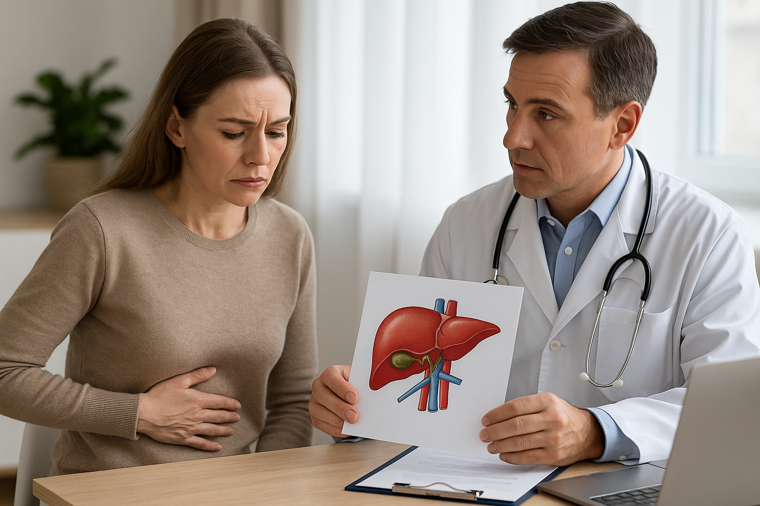A realistic image showing a doctor consulting with a patient in a clinical setting, symbolizing long-term care and treatment guidance for liver conditions such as Hepatitis B and C.